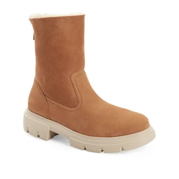 NWT $530 PAUL GREEN Palmer Shearling Lined Lug Boot CAMEL 7.5 AU 10 US (TD1)